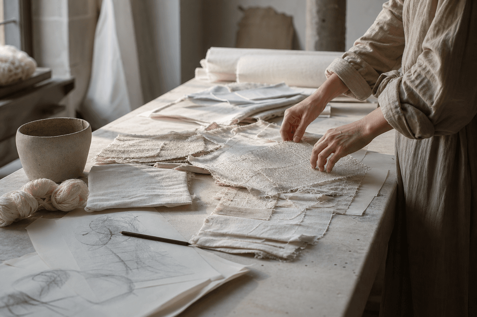 Textile samples arranged in the Saints In Disguise atelier
